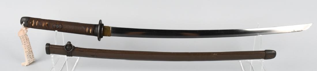 JAPANESE WWII TYPE 98 KATANA SIGNED CAPTURED: Very nice original japanese type 98 katana and saya with a cloth capture tag. The tag states: "This W.W.II Japanese N.C.O. sword was obtained as a souvenir on the island of Honshu Japan in 1945 by Sup