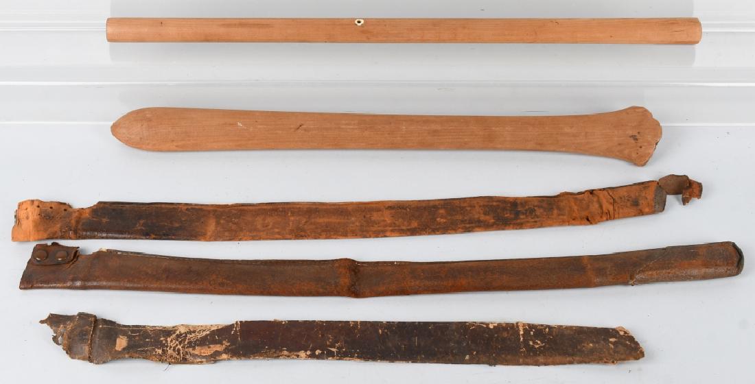 3-ORIGINAL KATANA SAYA COVERS & YARI SHIRASAYA: Largest cover is 30". All have wear and one is incomplete. The Yari shirasaya measures 53" overall and is very good with some tight cracks in the saya. Overall the lot is Good-Very Good