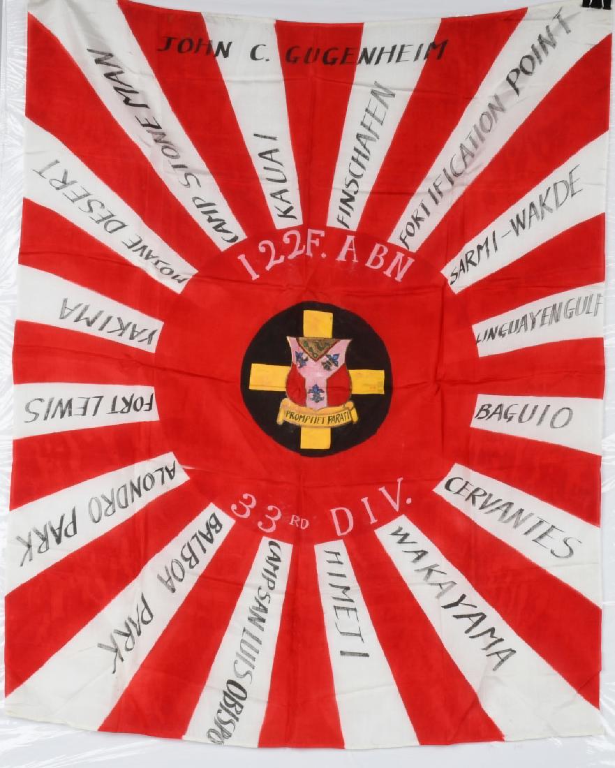 WWII JAPANESE FLAG 33rd DIVISION, ID'd: Flag measures 32" by 26". Identified to John C. Gugenheim. Nicely painted with 122nd Field Artillery coat of arms, 33rd division and locations. Vivid colors and condition. Excellent