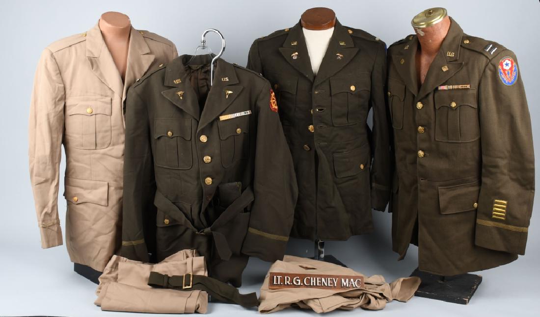 WWII to VIETNAM US OFFICER UNIFORMS LOT: Includes Vietnam era summer khaki officer's uniform with 25th Infantry Division patch and Ranger Battalion tab, includes trousers, shirt, and overseas cap. Also includes World War II era officer's med