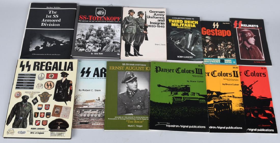 12 WWII NAZI GERMAN SS COLLECTOR REFERENCE BOOKS: 12 books, including rare and out of print SS history books, including Lumsden's Collector's Guide to the Third Reich Militaria, 1969 Ballantine paperback "SS GESTAPO", Kelly Hicks' Collectors Guide to