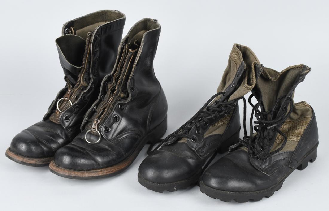 VIETNAM WAR JUNGLE BOOTS & GZ TREADLIGHT BOOTS: Two pairs of Vietnam War era boots including Army Jungle boots size 6R made by Roth Co. and a pair of black 1966 GZ tread light boots size 7R marked along the top edge "7-R GZ 10-66". The tread light