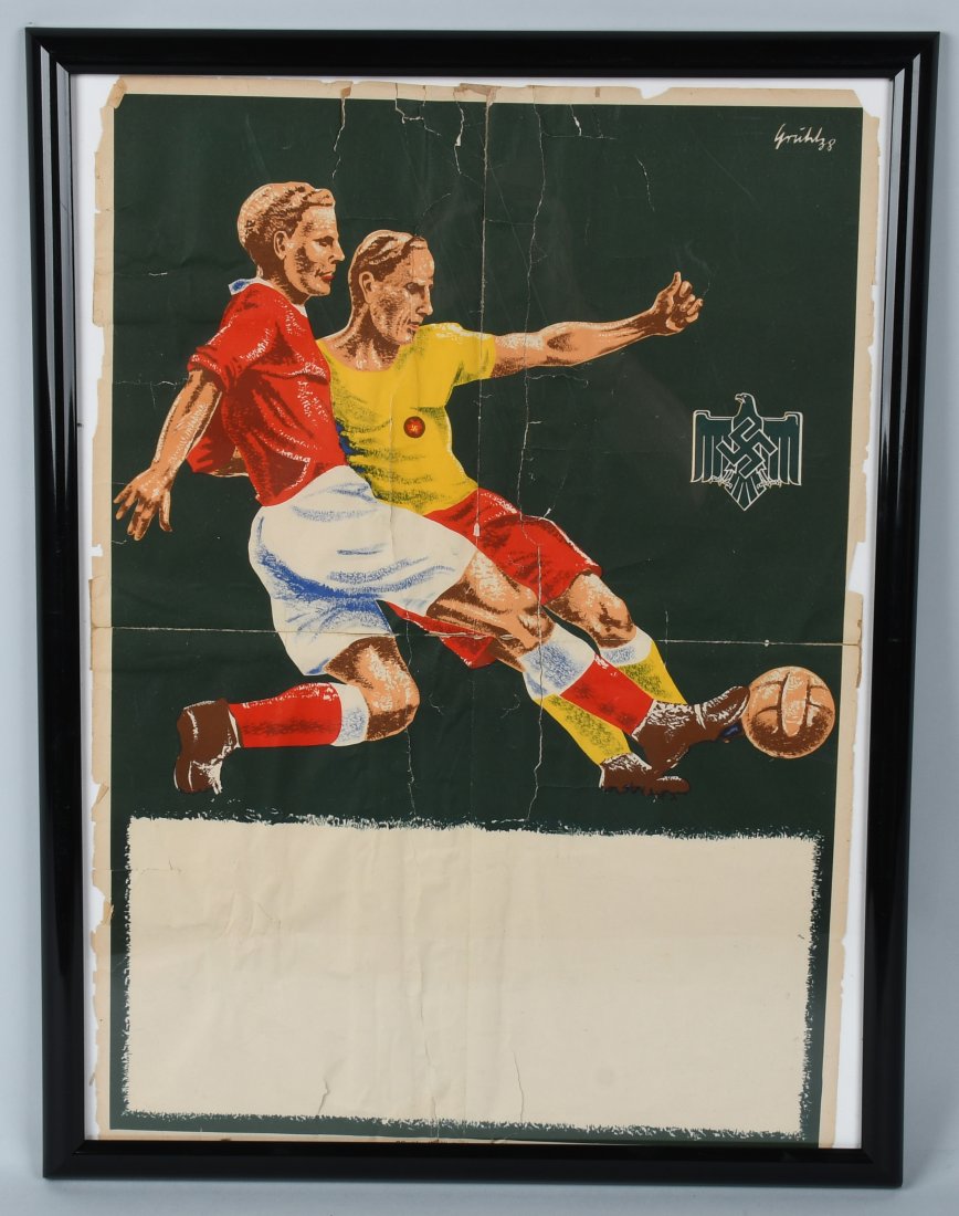 WWII NAZI GERMAN SPORT POSTER DATED 1938: Signed in the upper right corner and dated 1938. WWII era Nazi German sport poser. 22\" x 16\" Full color, featuring two German men playing soccer. Has Nazi Sporting Eagle with mobile swastika off to 
