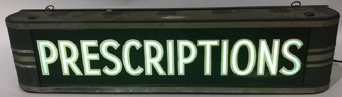 1940s PRESCRIPTION LIGHT-UP SIGN: Great 1940s Prescription Light-Up Sign. Reverse painted glass with Art Deco looking metal case. Works well and lights up green. 26 1/2" Excellent