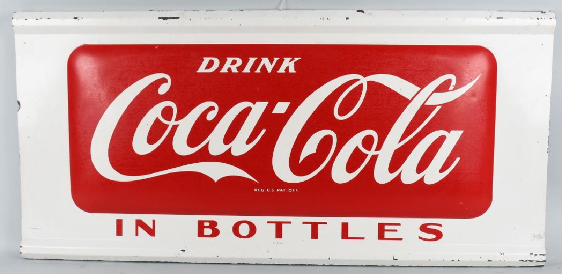 1954 DRINK COCA COLA IN BOTTLES TIN SIGN: Original 1954 Drink Coca Cola in Bottles tin Sign. Has embossed Coca Cola logo. Nice colors. Has some minor wear mostly on edges. 50"x24" Very Good-Excellent