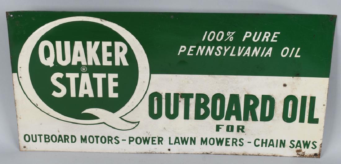 QUAKER STATE OUTBOARD OIL EMBOSSED TIN SIGN: Nice Quaker State Outboard Oil embossed tin sign. Very nice colors. 24"x12" Excellent
