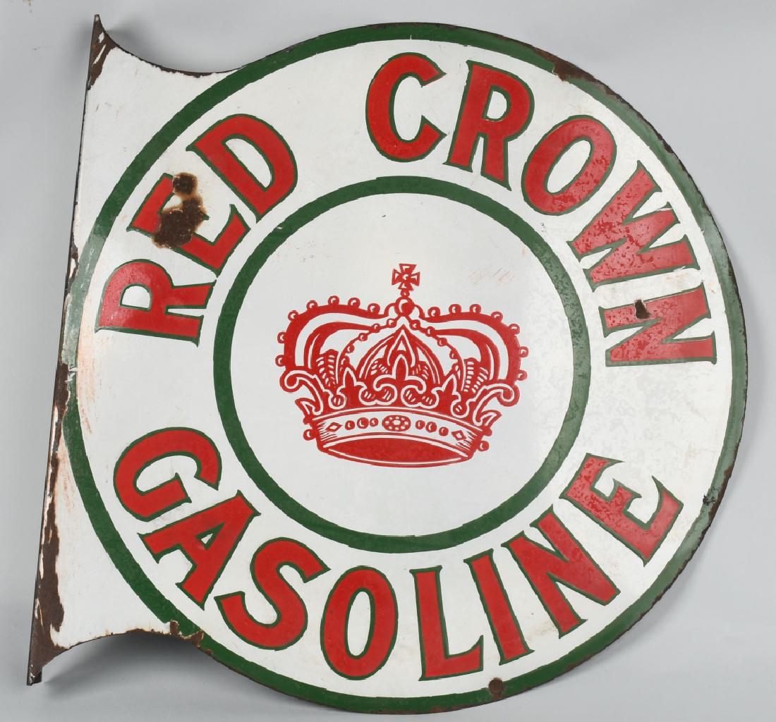 RED CROWN GASOLINE DS PORCELAIN SIGN: Red Crown Gasoline double sided porcelain flange Sign. Unusual green and red colors. Front is very clean only a few spots of loss. Back has some scratching and spots of loss. Unusual early sign. 26" v