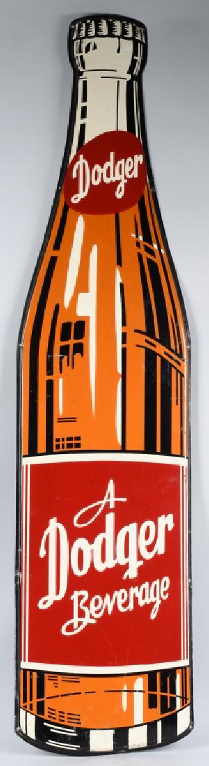 A DODGER BEVERAGE DIECUT TIN BOTTLE SIGN: Excellent A Dodger Beverage diecut tin Bottle Sign. Very nice colors and shine. Minor wear on edges. Displays great. 65"x16" Excellent