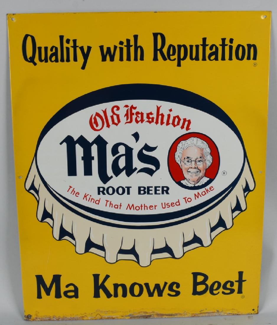 MA'S ROOT BEER TIN ADVERSTISING SIGN: Nice Ma's Root Beer tin Sign. Very nice colors and shine. Has some wear along the bottom. 24"x19" Very Good-Excellent