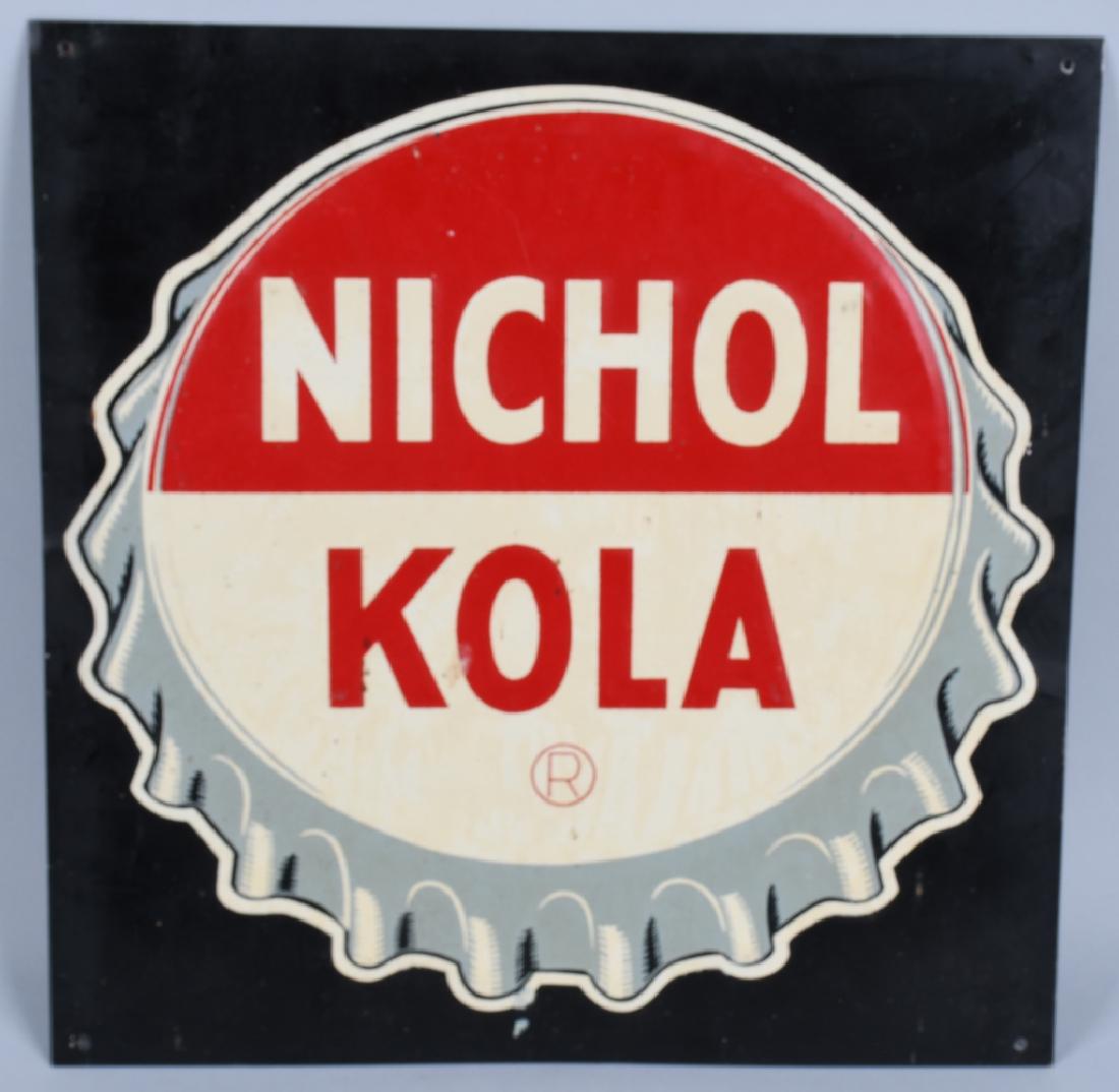 NICHOL KOLA CAP EMBOSSED TIN SIGN: Nichol Kola Cap embossed tin Sign. Nice colors. 14 1/2" x 14" Excellent