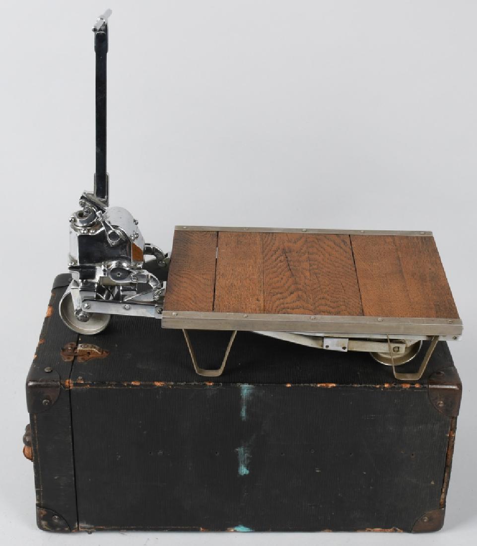 SALESMAN SAMPLE PALLET TRUCK w/ CASE: Excellent Salesman Sample Pallet Truck. All original and working. Very detailed and intricate working. All metal with a chrome finish. Handle raises the platform. Release the lever and the platform lo