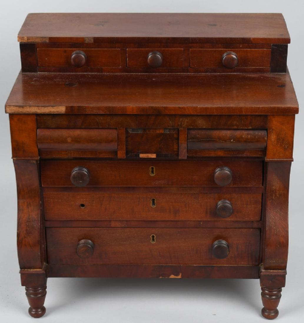 SALESMAN SAMPLE EMPIRE STYLE DRESSER: Great salesman sample Empire Style Dresser. All original and made with great details. One drawer is missing a piece. Small chip on bottom veneer. Displays well. 14 1/2" Very Good-Excellent