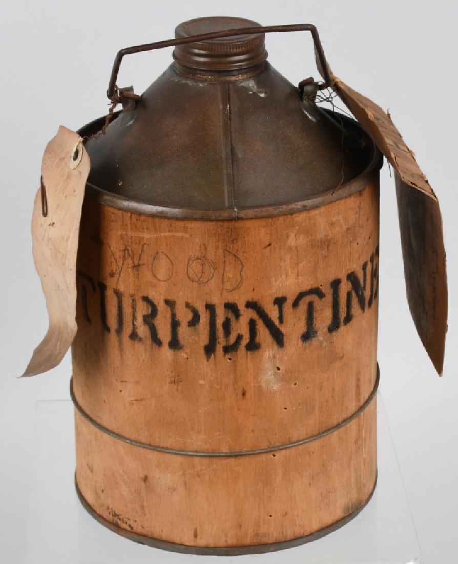 EARLY RAILWAY EXPRESS TURPENTINE CANISTER: Early wood covered metal Turpentine Canister with original Railway Express tag. 11" Excellent