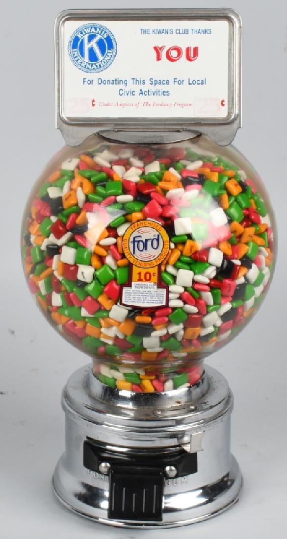 10c FORD GUMBALL VENDING MACHINE: Nice original large size Ford 10c Gumball Vending Machine. Still has marquee. Full of Ford gum. 18" Excellent