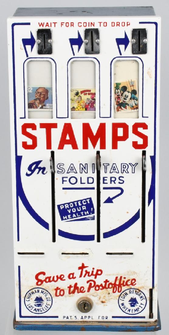 SHIPMAN COIN-OP STAMP MACHINE: All original Shipman MFG Stamp Vending machine. Vends 3 different stamps. 16" Excellent