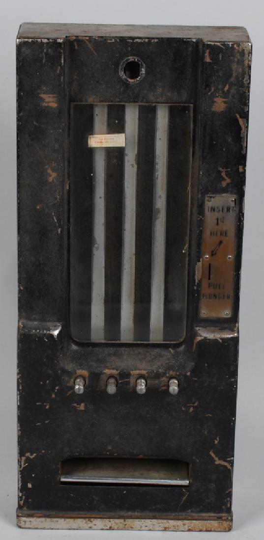 VINTAGE 1c CANDY VENDING MACHINE: Original as-is 1c Candy Vending machine. Missing lock. Has repaint and wear. 23'" Good