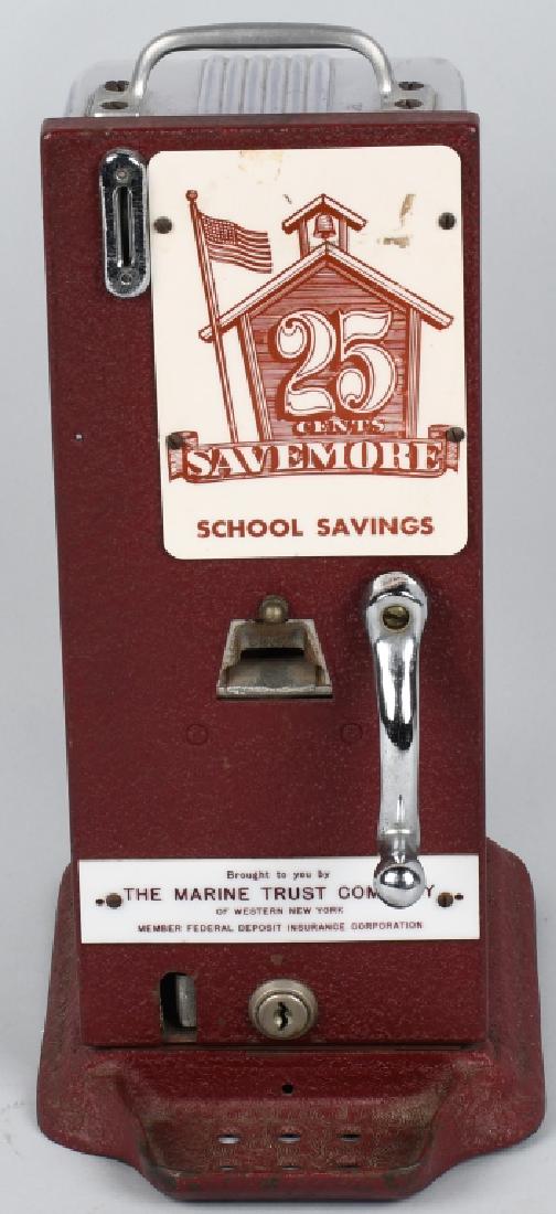 25c SAVEMORE SCHOOL SAVINGS MACHINE: All original metal and clear plastic. Model #125. 14" Excellent