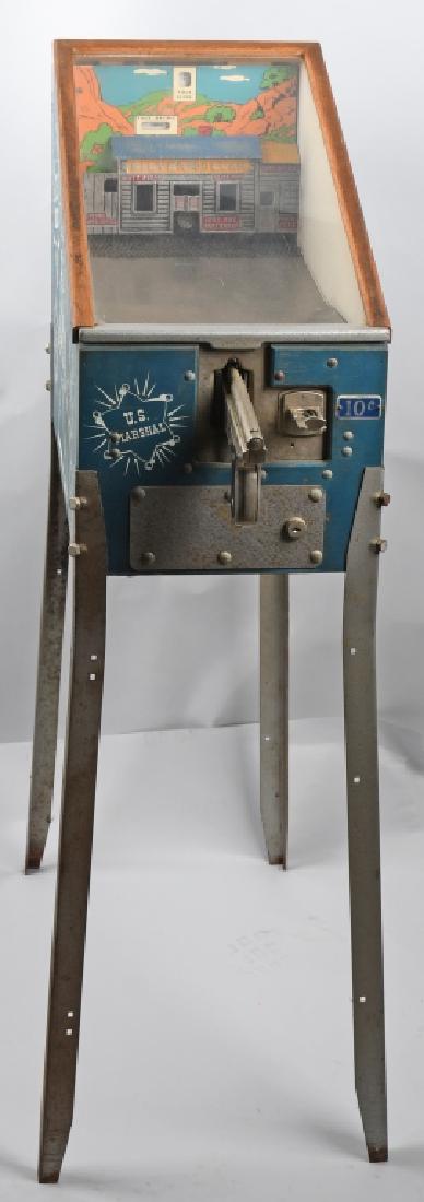 10c US MARSHALL COIN OP TARGET SHOOTING GAME: 1950s ABT MFG Co. 10c Coin-Op US Marshall Target Practice Shooter. Floor model. All original. Working but could use oiled and adjusted. No key. 53"x29"x15" Excellent
