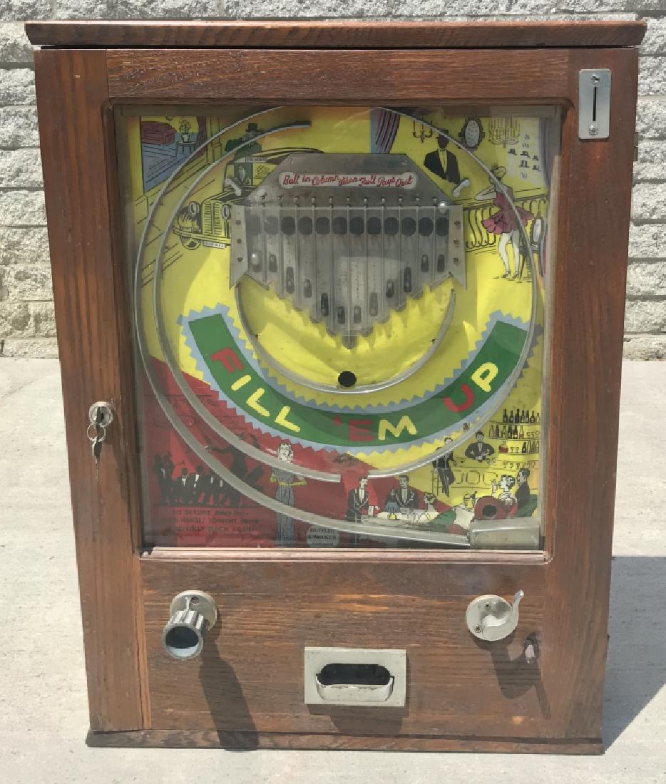 FILL EM UP COIN-OP SKILL MACHINE "ENGLISH": Early Rufflin & Walker Fill Em Up Coin Op Skill Machine. Made in England. All original condition. Set to use English coins. Wood case. 31" Very Good-Excellent