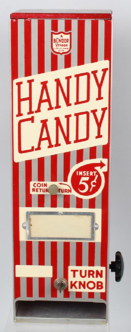 5c BENDOR HANDY CANDY VENDING MACHINE: 5c Bendor Handy Candu Vendor. Counter top size. Nice colors. With key. 23" Excellent