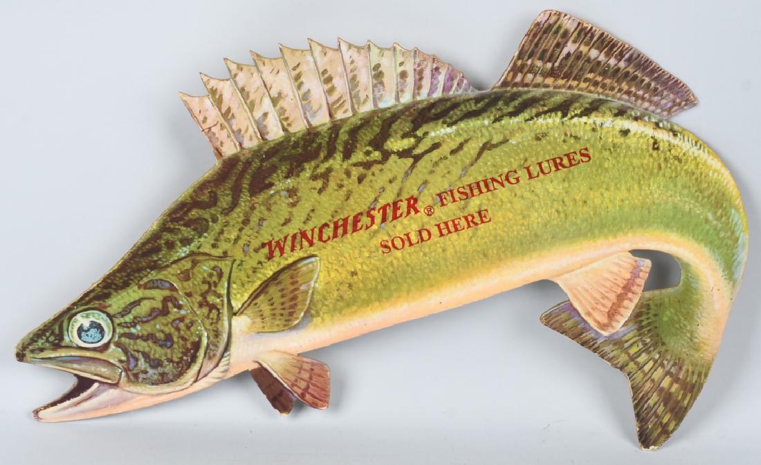 WINCHESTER FISHING LURES DIECUT FISH SIGN: Nice Winchester Fishing Lures diecut cardboard Walleye Fish Sign. All Original with nice colors. Some minor wear on edges. 20" Excellent