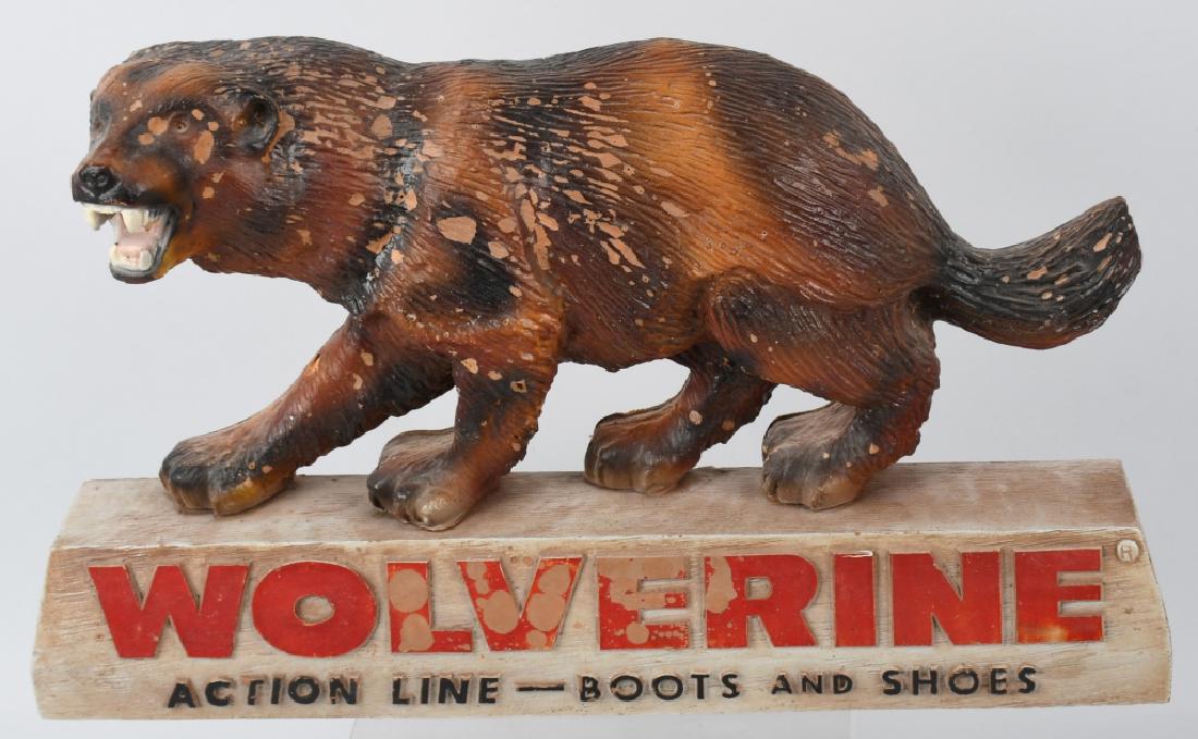WOLVERINE BOOTS and SHOES STORE DISPLAY: Nice looking figural display measuring 18" by 11". Made of a molded light composition material. Has some loss but displays well. Very Good