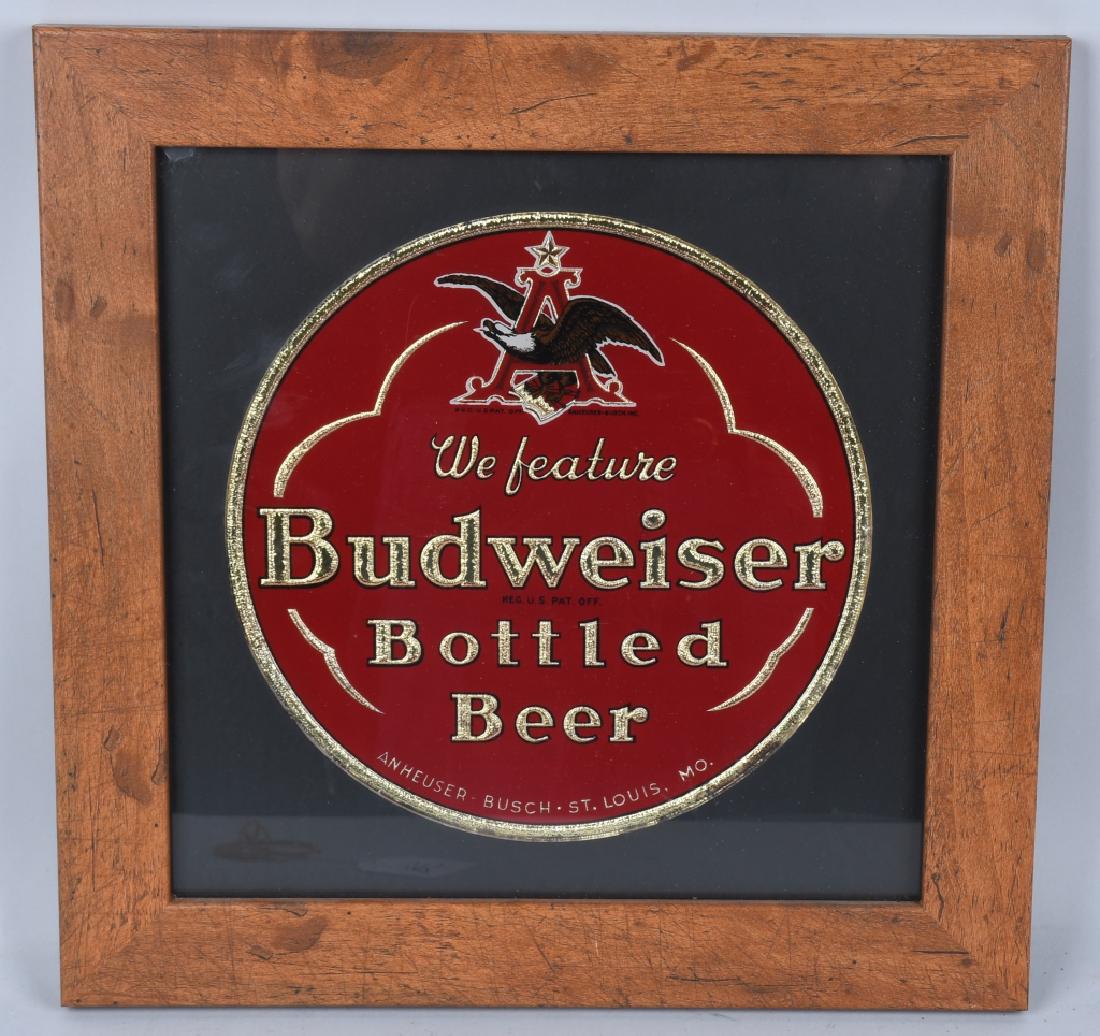 BUDWEISER BEER REVERSE PAINT & FOIL ON GLASS SIGN: Nice original Budweiser Bottled Beer reverse paint and foil on glass Sign. Very nice colors and image of Budweiser Eagle logo. Piece has been professionally framed. Budweiser Beer is brewed in St Loui