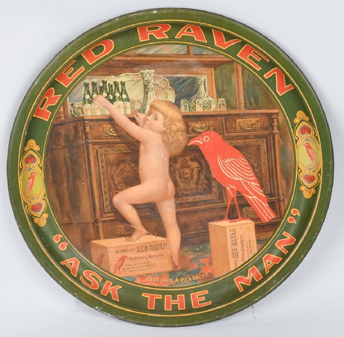 RED RAVEN ADVERTISING SERVING TRAY: Nice original Red Ravens Aperients advertising Serving Tray. Wonderful image of nude child reaching for bottle of Red Raven. Great colors. 12" Excellent