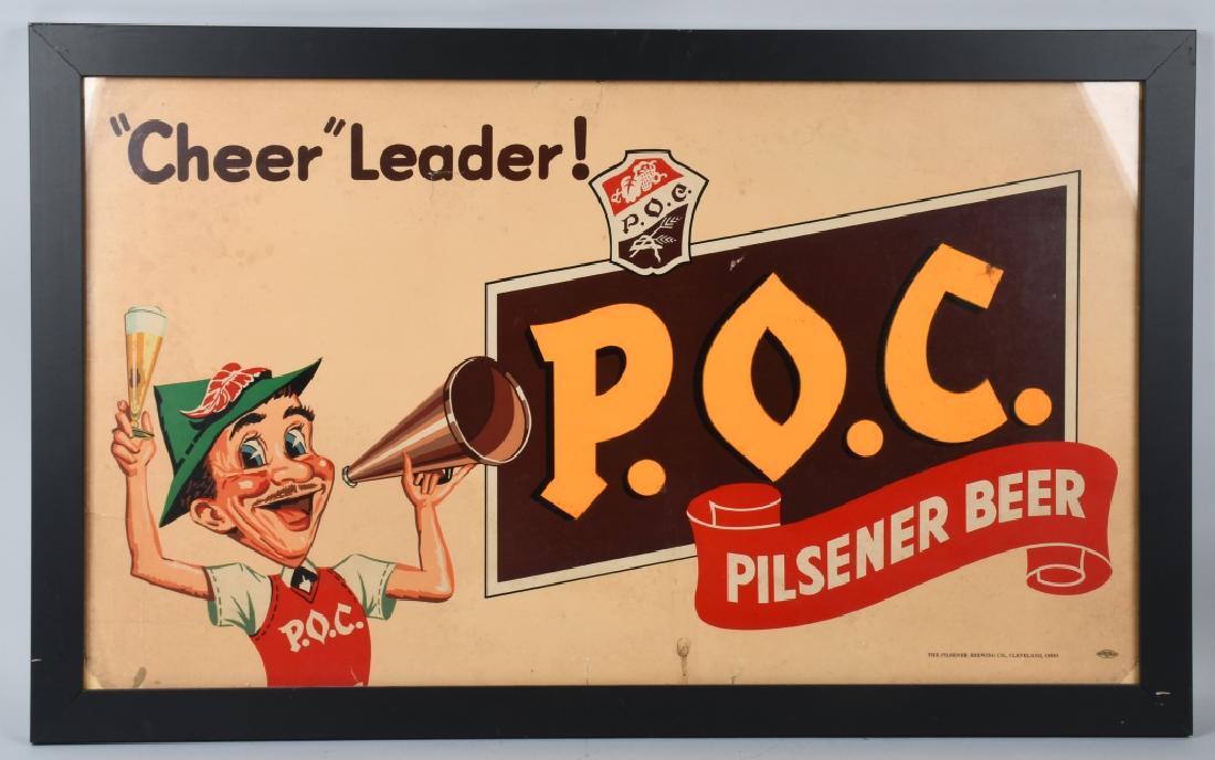 P.O.C. BEER "CHEER LEADER" ADVERTISING SIGN: Nice original P.O.C. Beer Cheer Leader cardboard advertising Sign. Nice colors and image of German Man Mascot. Has a few tears but displays very well. Professionally framed. P.O.C. was brewed in Cleve