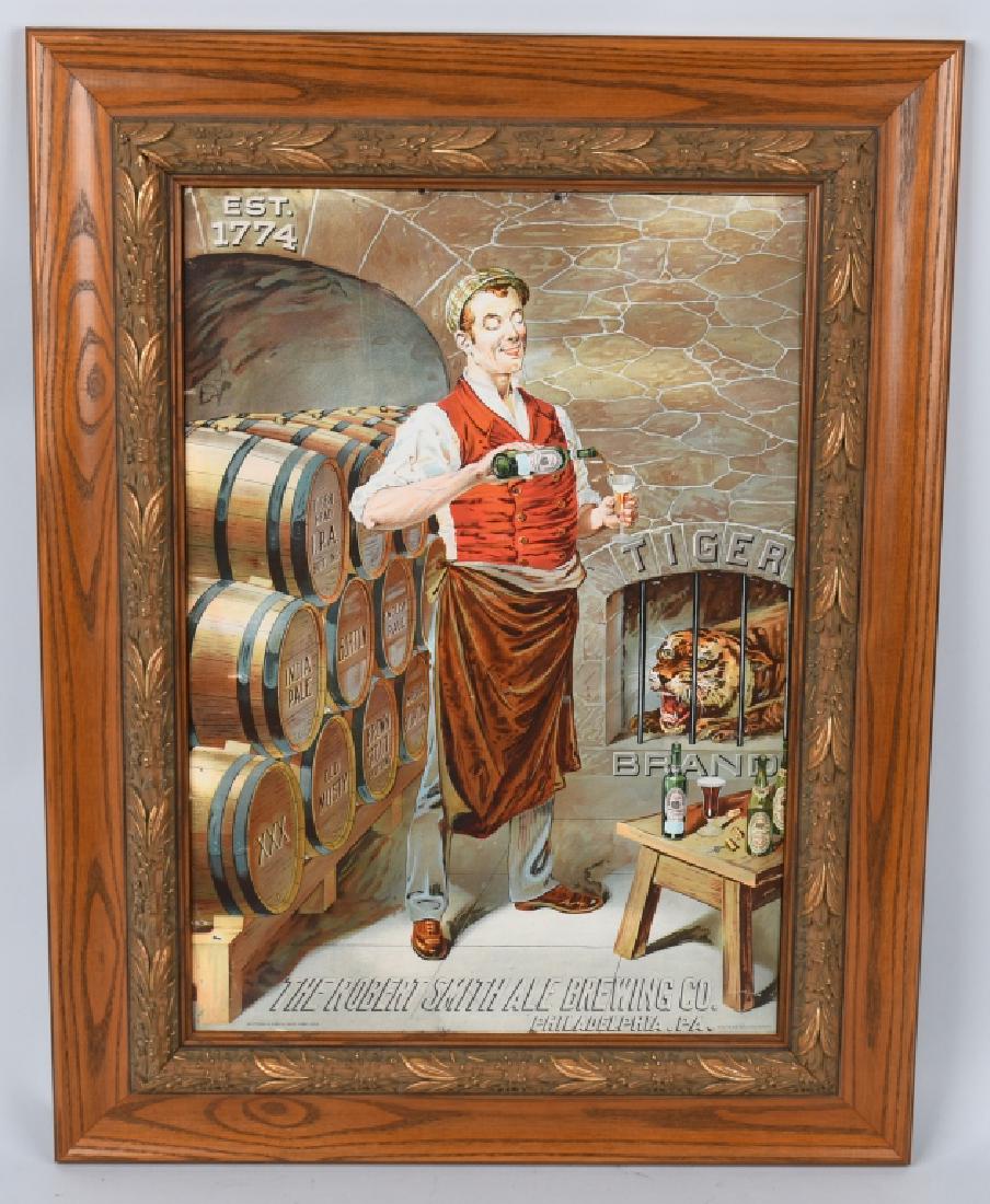 ROBERT SMITH TIGER BRAND BEER TIN SIGN: Excellent "The Robert Smith Brewing Co." Tiger Brand Beer Sign. Beautiful tin sign with great graphics of Brewmaster and Tiger in a cage. Beautiful colors. Tin sign has been professionally framed. Rob