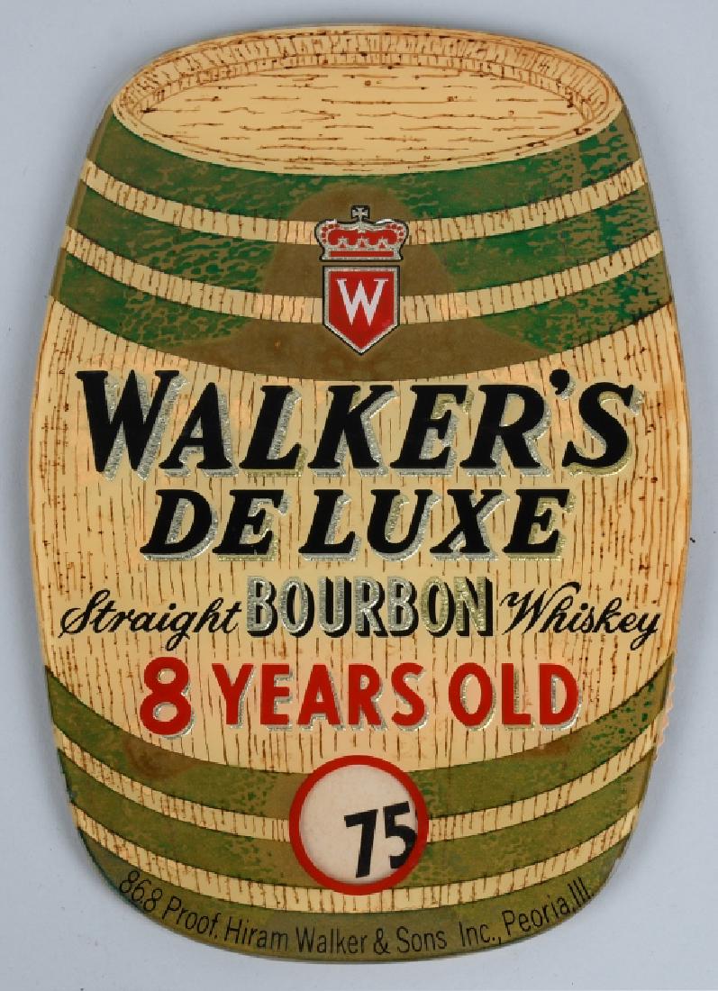 WALKERS DELUXE BOURBON BEECO GLASS SIGN: Original Walkers Deluxe Bourbon Beeco Glass Sign. Nice looking barrel design with spot for price. All original. From Peoria, Illinois. 11"x7" Excellent