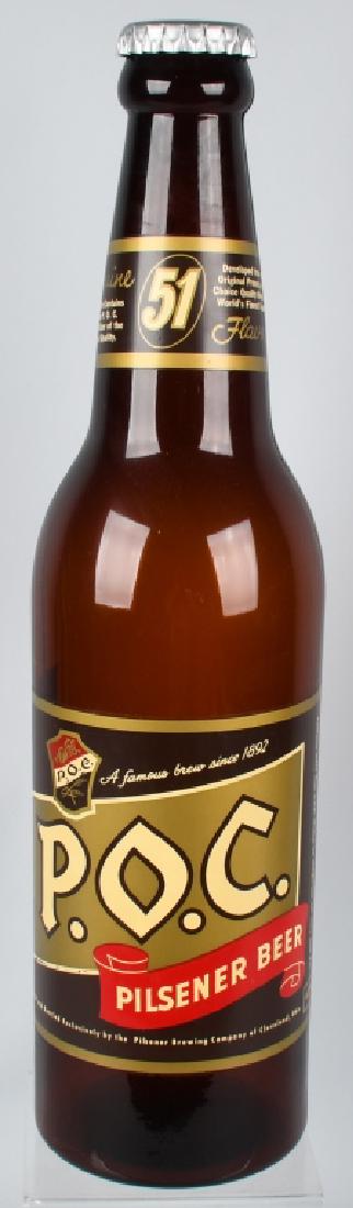 30" P.O.C. BEER ADVERTISING BOTTLE: Original 30" P.O.C. Beer Advertising Bottle. Large glass bottle with cap. Decals are still very nice. Brewed in Cleveland, Ohio. 30" Excellent