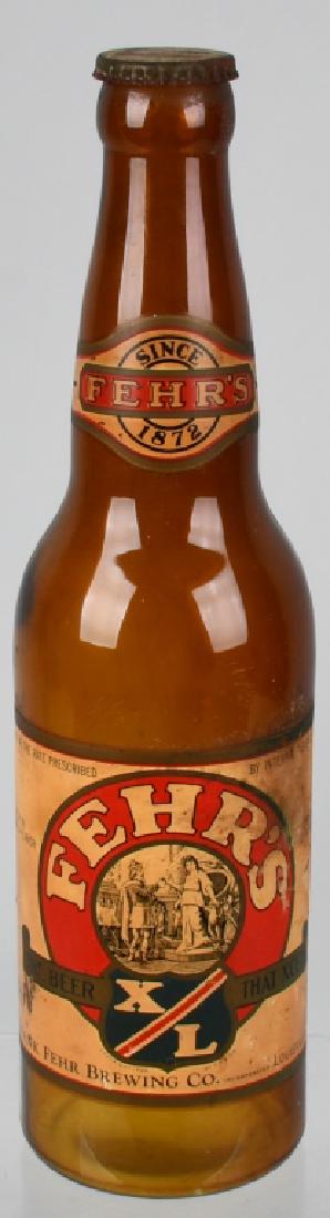 20" FEHR'S BEER ADVERTISING BOTTLE: Original 20" Fehr's Beer Advertising Bottle. Large glass bottle with cap. Decals are still very nice. Brewed in Louisville, Kentucky. 20" Excellent