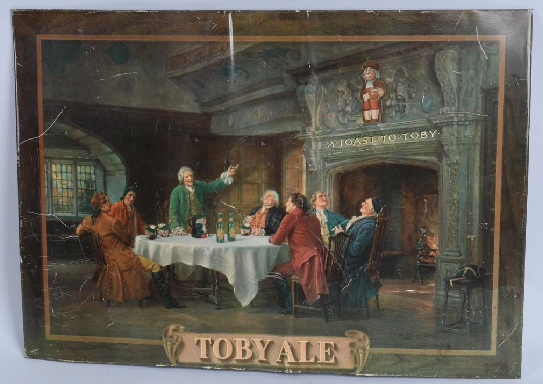 TOBY ALE TIN ADVERTISING SIGN: Original Toby Ale tin over cardboard Advertising Sign. Great image of men drinking around a table. Toby logo with beer is above the fireplace. Sign has some bends. Brewed in London, England. 21"x15" V