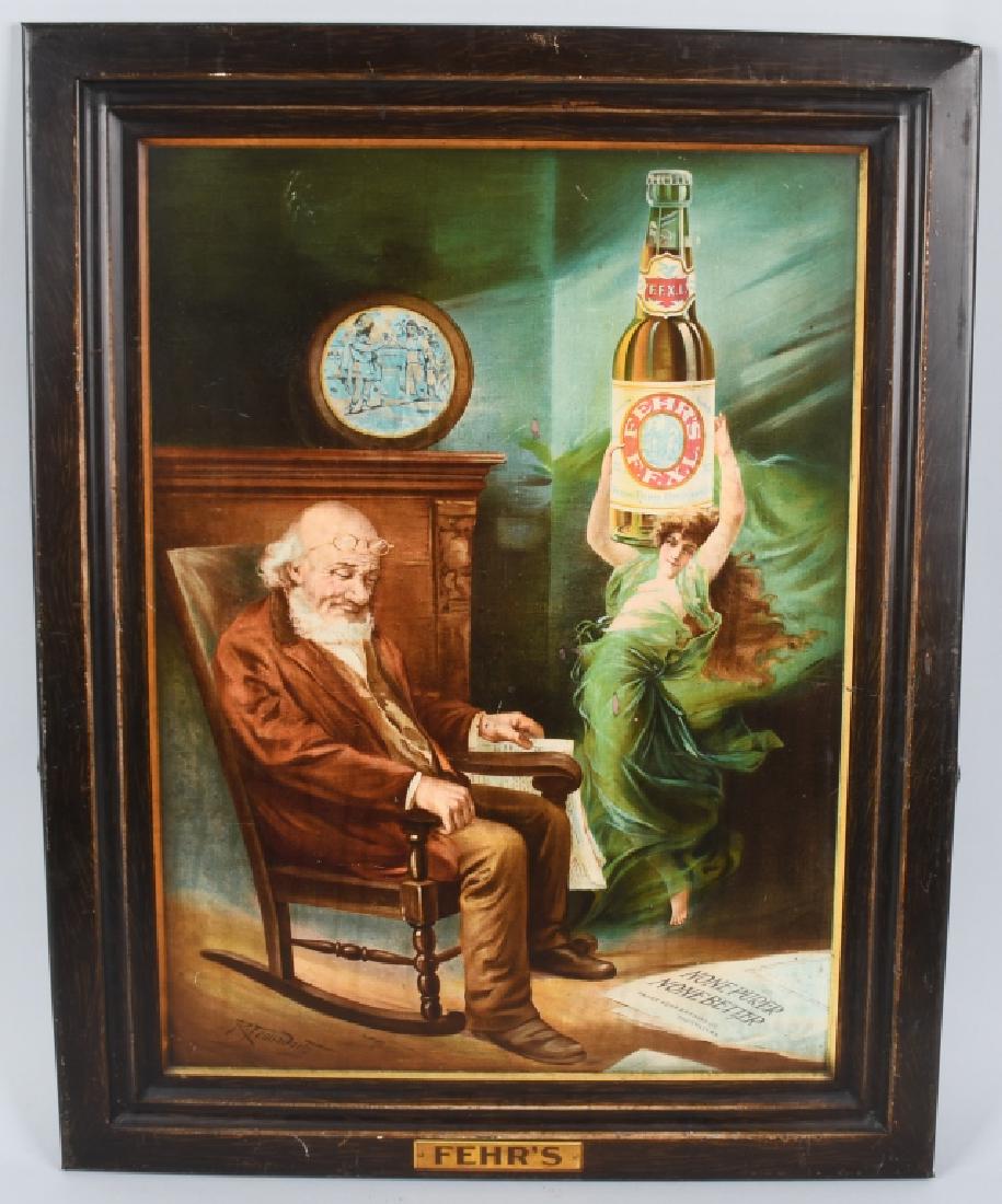 FEHR'S BEER SELF FRAMED TIN SIGN: Early original Fehr's self framed tin Sign. Great image of old man sitting in rocking chair dreaming of a beautiful woman holding a bottle of Fehr's. Artist signed R. Froundort. Beautiful colors. Some