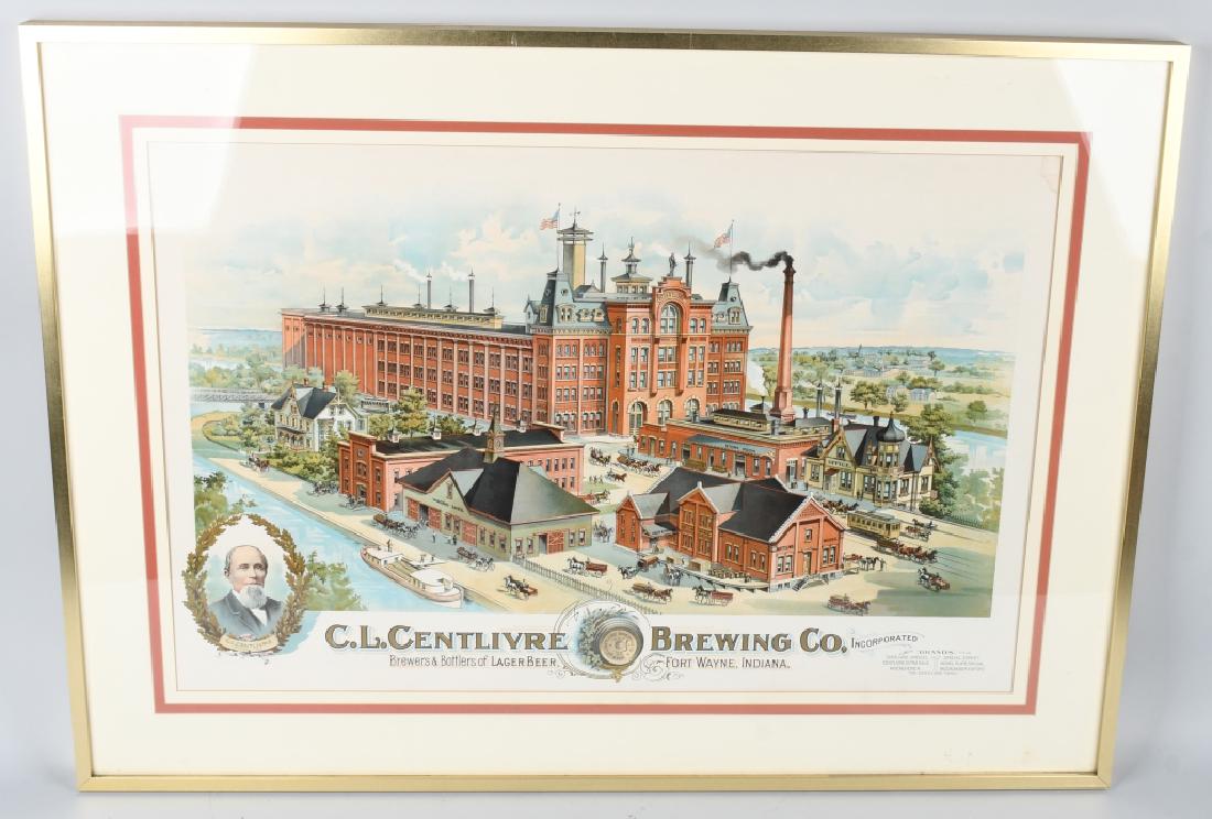 1893 C.L. CENTLIVRE BREWING CO LITHOGRAPH SIGN: Wonderful circa 1893 C.L Centlivre Brewing Co. lithograph Sign. Founed in 1862 in Fort Wayne, Indiana. Beautiful red brick brewery sat along a river. Great street scene with Trolleys, Beer Wagons, Per