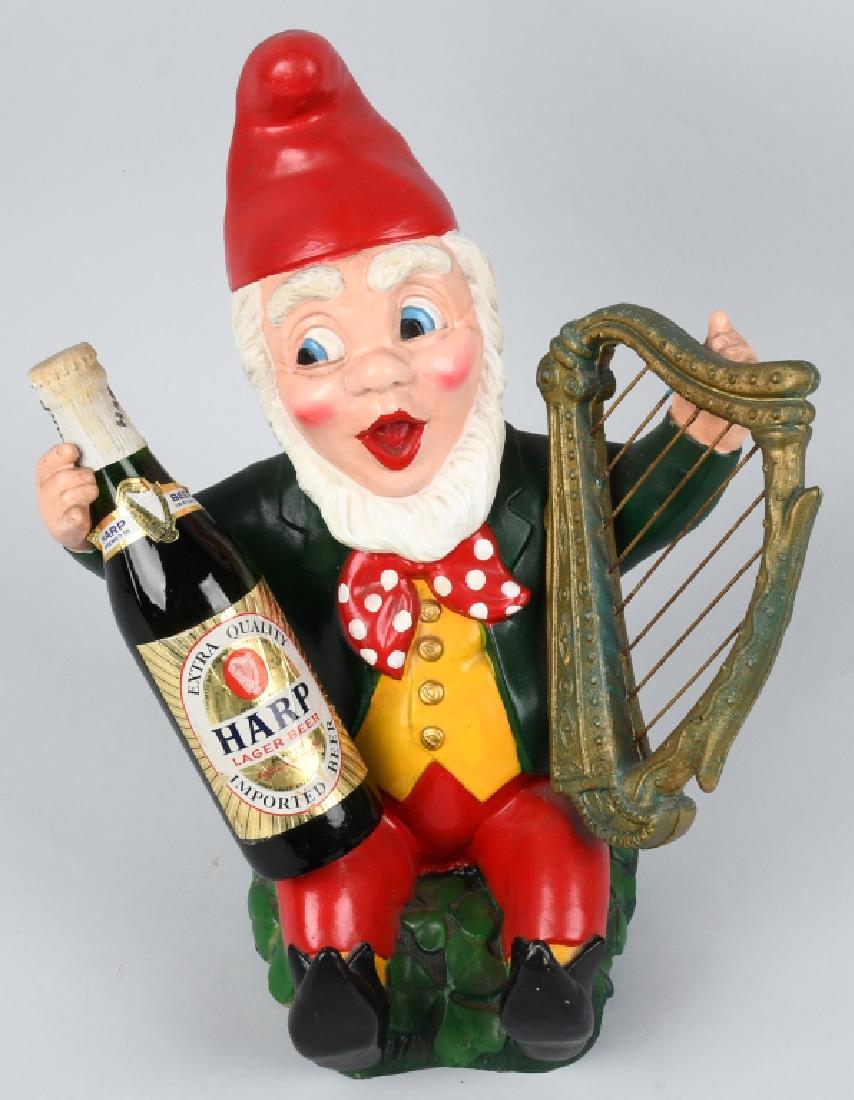 HARP BEER GNOME FIGURAL ADVERTISING FIGURE: Nice Harps Beer Gnome rubber Advertising Figure. Comical Gnome holding bottle of Beer and a Harp. Brewed in Dublin, Ireland. 15" Excellent