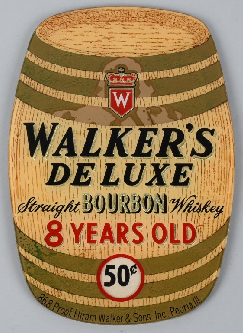 WALKERS DELUXE BOURBON BEECO GLASS SIGN: Original Walkers Deluxe Bourbon Beeco Glass Sign. Nice looking barrel design with spot for price. All original. From Peoria, Illinois. 11"x7" Excellent