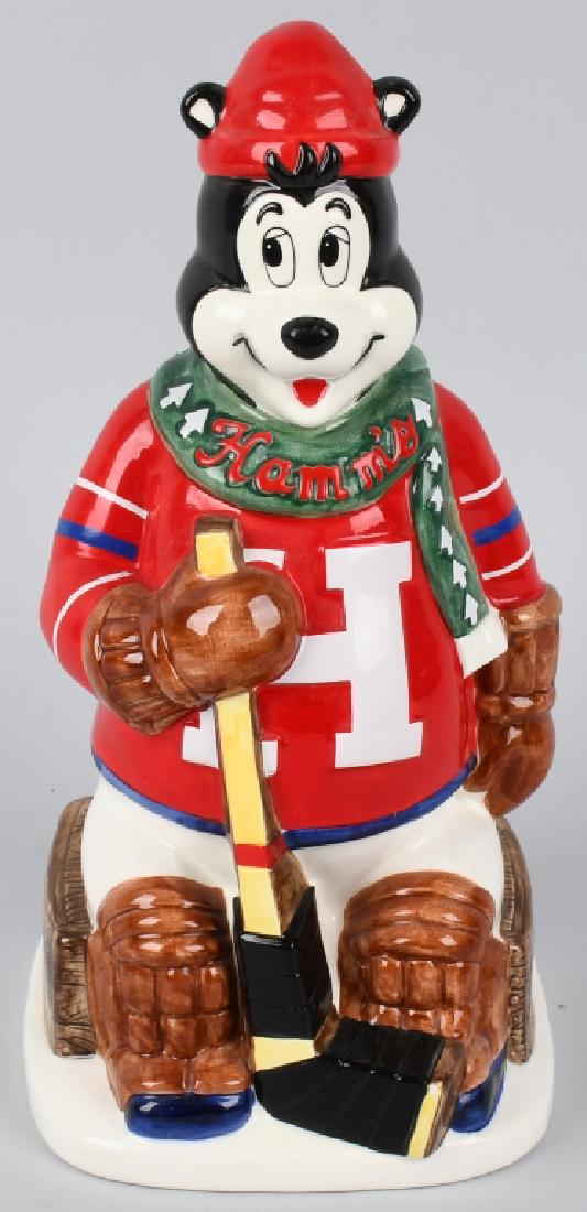 HAMMS BEER CERAMIC HOCKEY BEAR: Hamms Beer ceramic Hockey Bear. Great colors. Dated 2001. Brewed in St Paul, Minnesota. 14" Excellent
