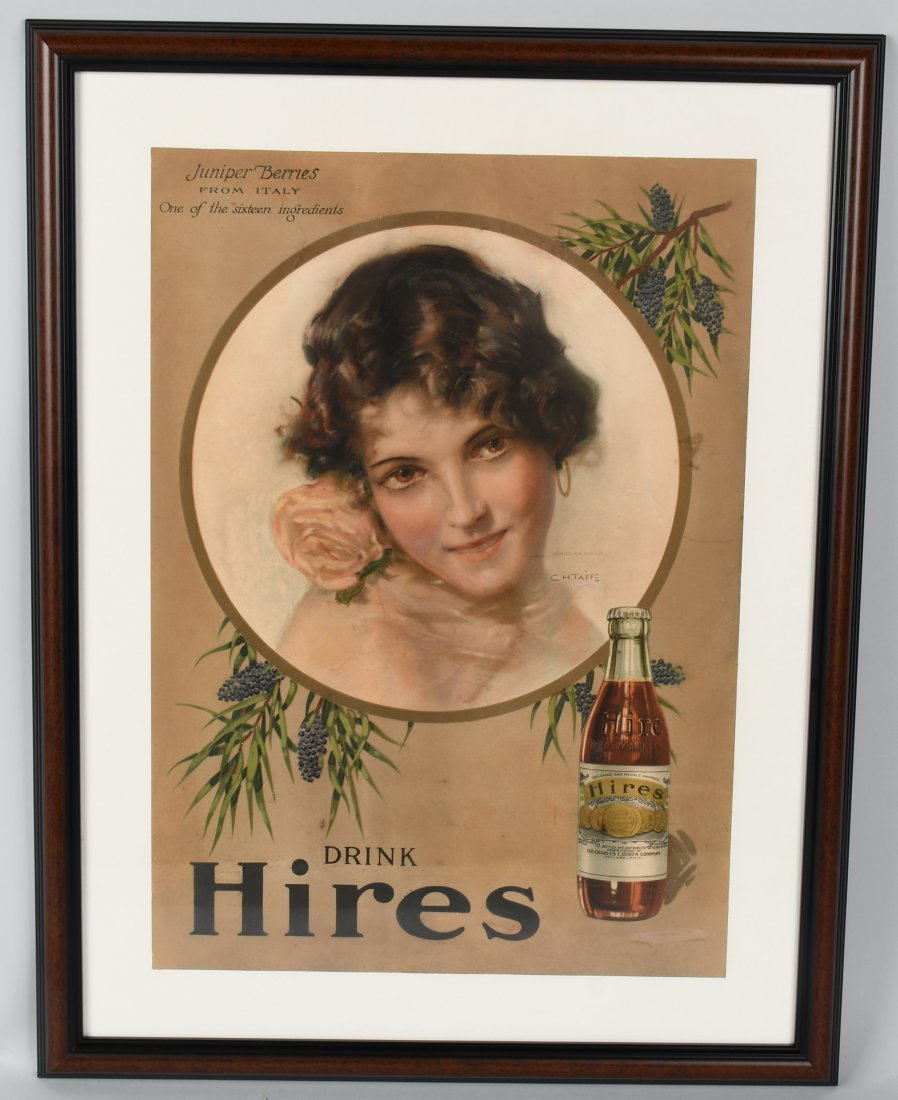 EARLY 1900's HIRES ROOT BEER ADVERTISING POSTER: Scarce early 1900's color Hires advertising poster. Measures about 21" by 15". Has been expertly restored and mounted on linen. Professionally framed and ready to display. Frame measures 27" by 21". V
