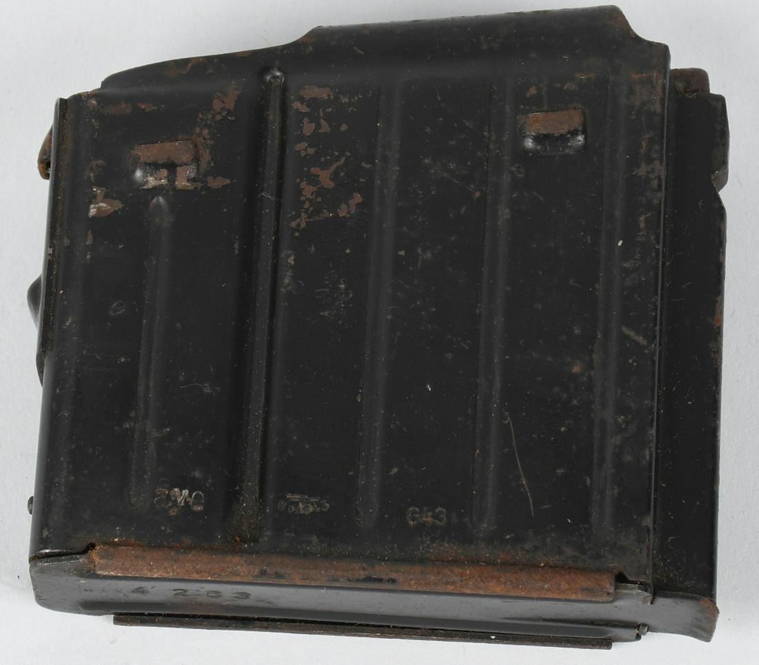 WWII NAZI GERMAN GEWEHR G 43 MAGAZINE aye CODE: German WWII era G-43 magazine for 8mm Gewehr 43 rifle. Maker mark "aye" and "WaAB 43" to the right of the maker's mark. 3-3/4" x 3-1/2" x 1". Has some wear particularly on the follower, but spring fun