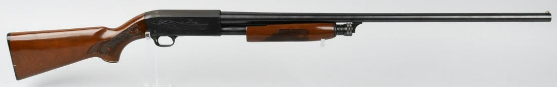 ITHACA MODEL 37 FEATHERLIGHT 12 GA PUMP SHOTGUN: SN 371584963. 30" barrel pump action shotgun in 12 GA. Improved Modified Choke. Ithaca Model 37 Featherlight. Features game bird hunting scene engraved on the receiver, fiber optic front sight, and ch