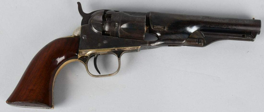 COLT MODEL 1862 POLICE .36 REVOLVER 1861: SN 2771, MFG 1861. 4 1/2" barrel that is .36 caliber. All matching serial numbers including the wedge. Markings are very nice. Has original blue finish turning plum brown. Blue is more predominant in 