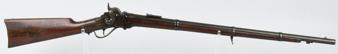 SHARPS NEW MODEL 1863 .52 RIFLE: SN 48884, total production about 6,150. 30", .52 caliber with excellent rifled bore. This example has a lug for a saber bayonet which is only found on about 1000 rifles of the total production. Smooth