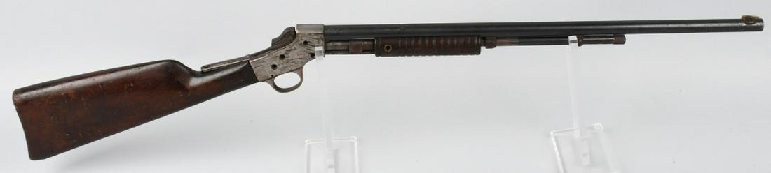 STEVENS VISIBLE LOADER PUMP ACTION 22 RIFLE: SN 26907. 20.5" barrel pump action rifle in .22. Stevens Visible loader. Features serrated pump, smooth wood stock and blade front sight. Missing trigger, hammer, butt plate, and screws attaching stoc
