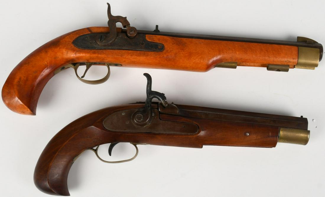 PAIR OF BLACK POWDER 45 and 50 CAP & BALL PISTOLS: Two black powder pistols. One is a Connecticut Valley Arms reproduction of the Kentucky Pistol in .50 Caliber, made in Spain, SN 89-381526 with a 10" octagonal rifled barrel. Shows age, and hammer fun