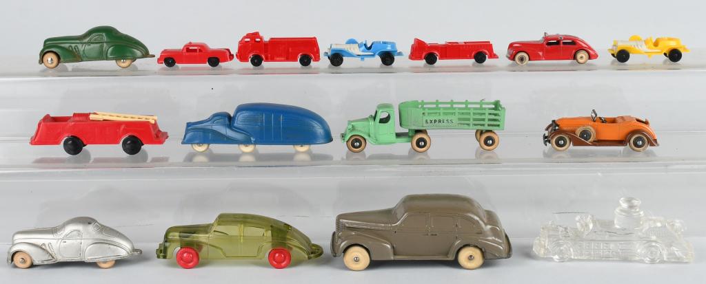 LOT OF TOOTSIE TOYS & MORE: Includes Tootsie Toy Graham, Tootsie Toy Bull Dog Mack Express Truck, Aurburn Rubber Cars, Fire Truck Candy Container, and More. Excellent