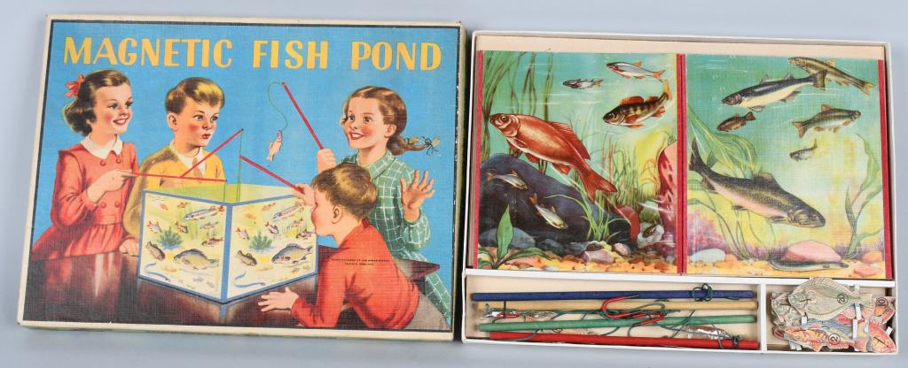 SPEAR MAGNETIC FISH POND CAME w/ BOX: Great early Fishing Game made in England. Complete with with square box with fish litho. Comes with poles and fish worth differnt values. Complete with originbal box. Great colors and graphics. 13" Ex
