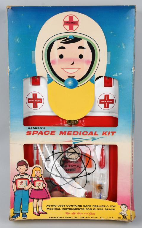 VINTAGE HASBRO'S SPACE MEDICAL KIT w/ BOX: Great 1960's set contains: "Lunar Observer, Moon Jet, Friction Indicator, Astro-Doctor Insignia, Atmosphere Scopeliter, Emergency Jet, Radiation Blip, Vertical Probe, Orbit Rays, Pressurized Seals, an
