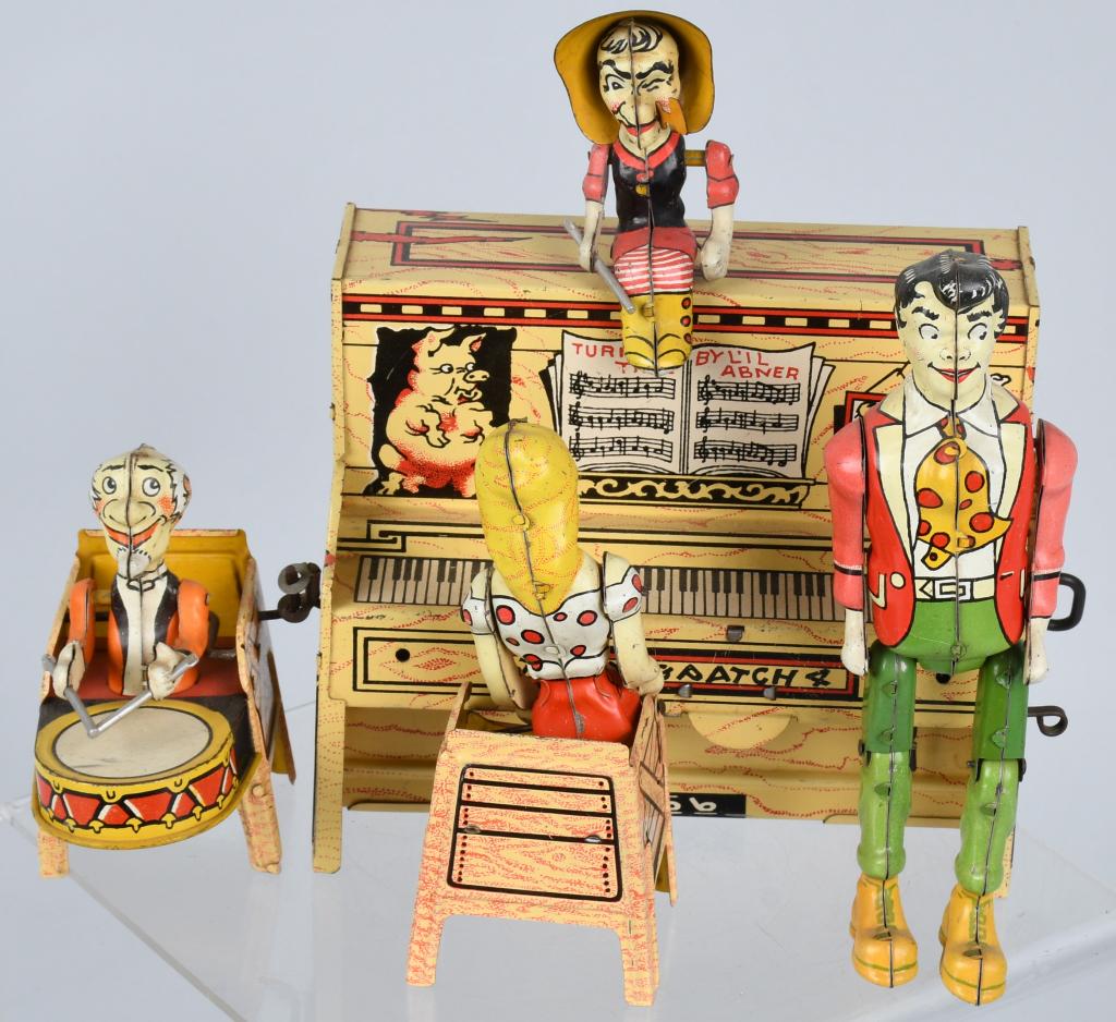 UNIQUE ART Tin Windup LIL ABNER BAND: Great character toy. All original and complete. Very nice colors. Windup works. 9" Excellent
